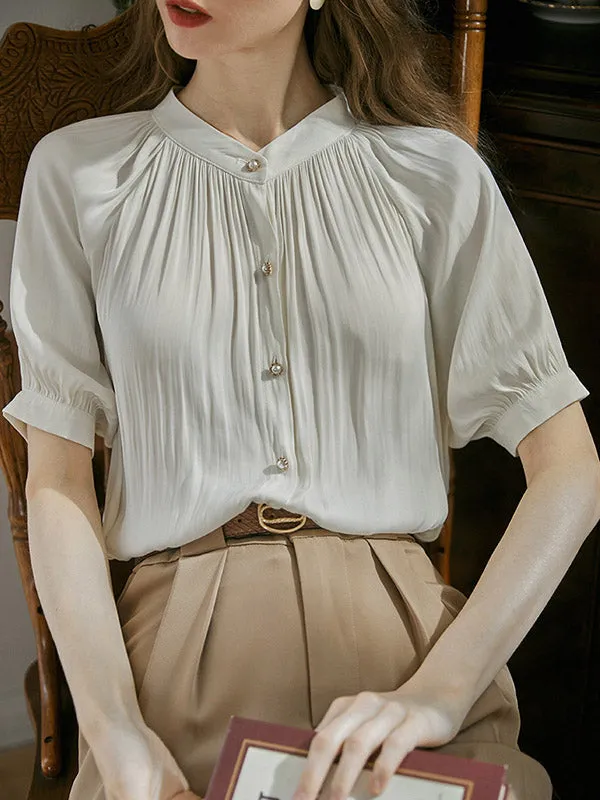 Loose Puff Sleeves Buttoned Pleated Round-Neck Blouses&Shirts Tops