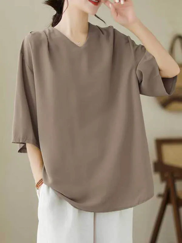 Loose Short Sleeves Solid Color V-Neck T-Shirts