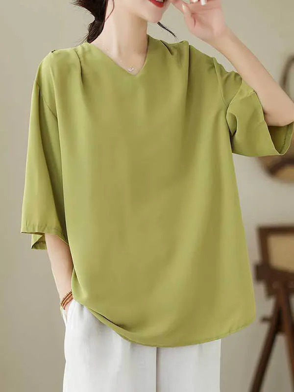 Loose Short Sleeves Solid Color V-Neck T-Shirts