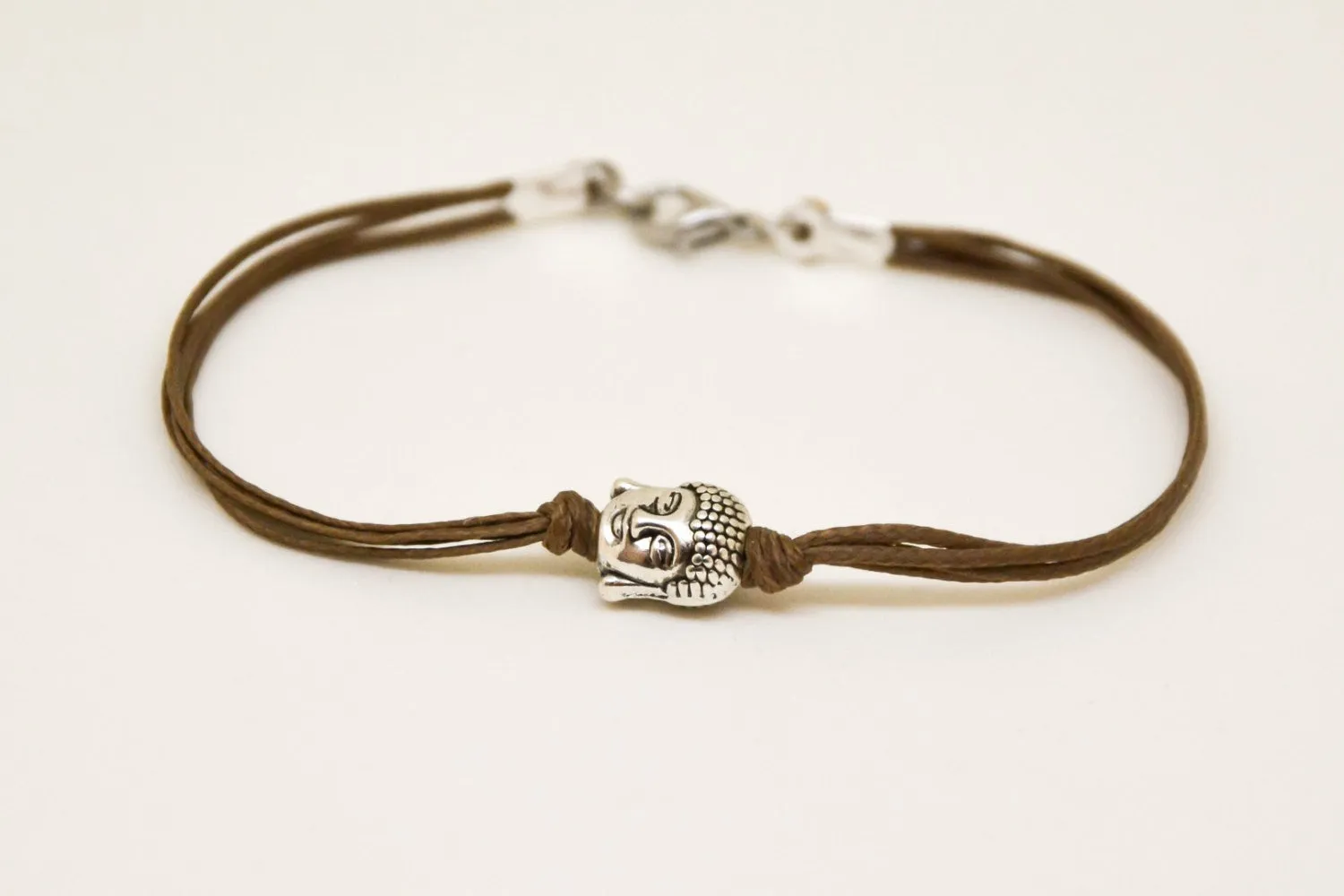 Men's bracelet with silver buddha charm, brown cord, yoga jewelry