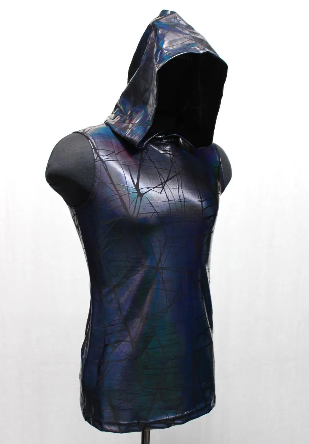 MEN'S HOODIE T - CRACKED HOLOGRAM FABRIC - BLACK