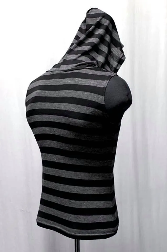 MEN'S SLEEVELESS HOODIE T-shirt - Punk Black /Grey Stripe