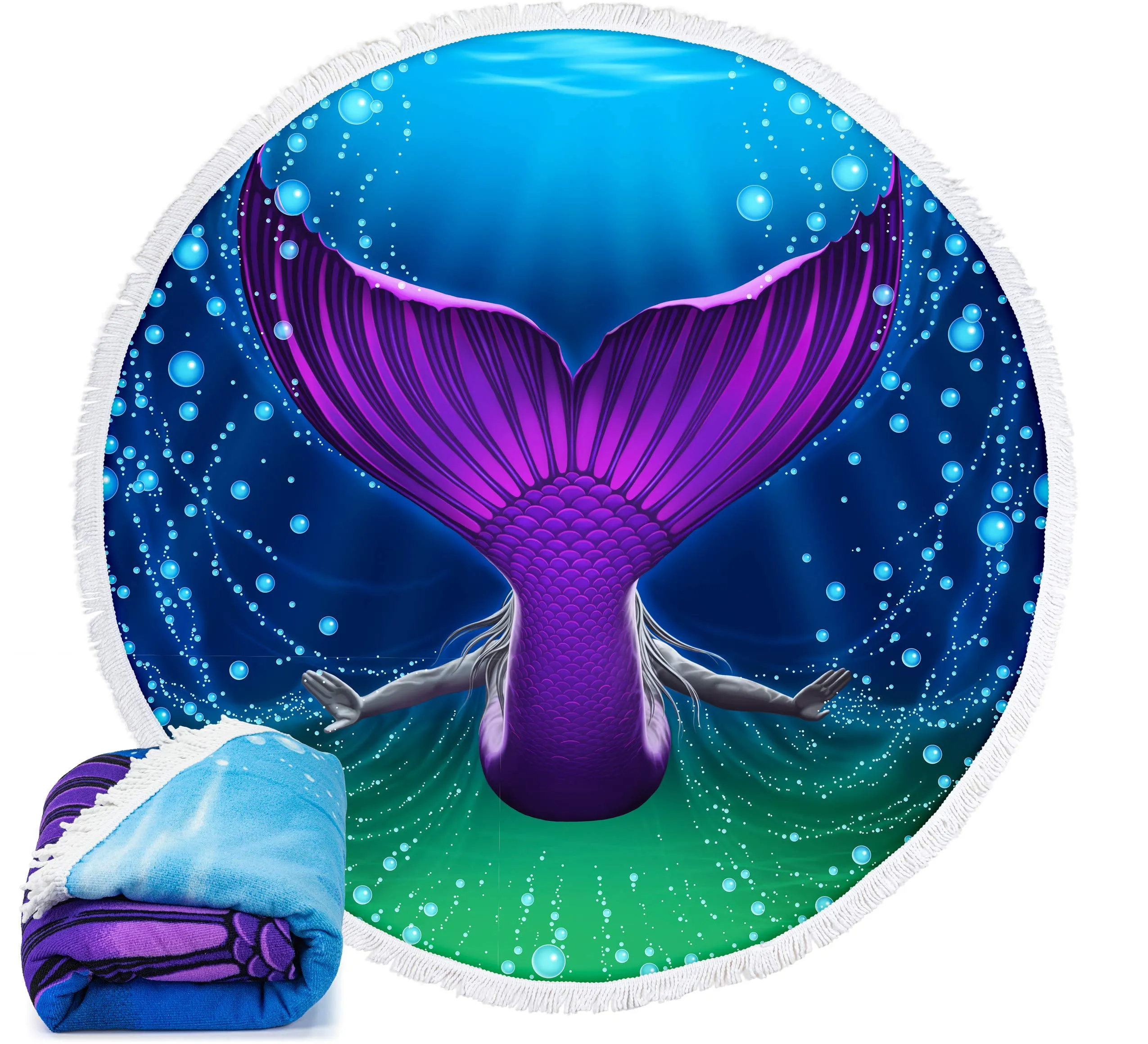 Microfiber Round Large Plush Beach Towel Blanket, 60" D with Fringe (Mermaid