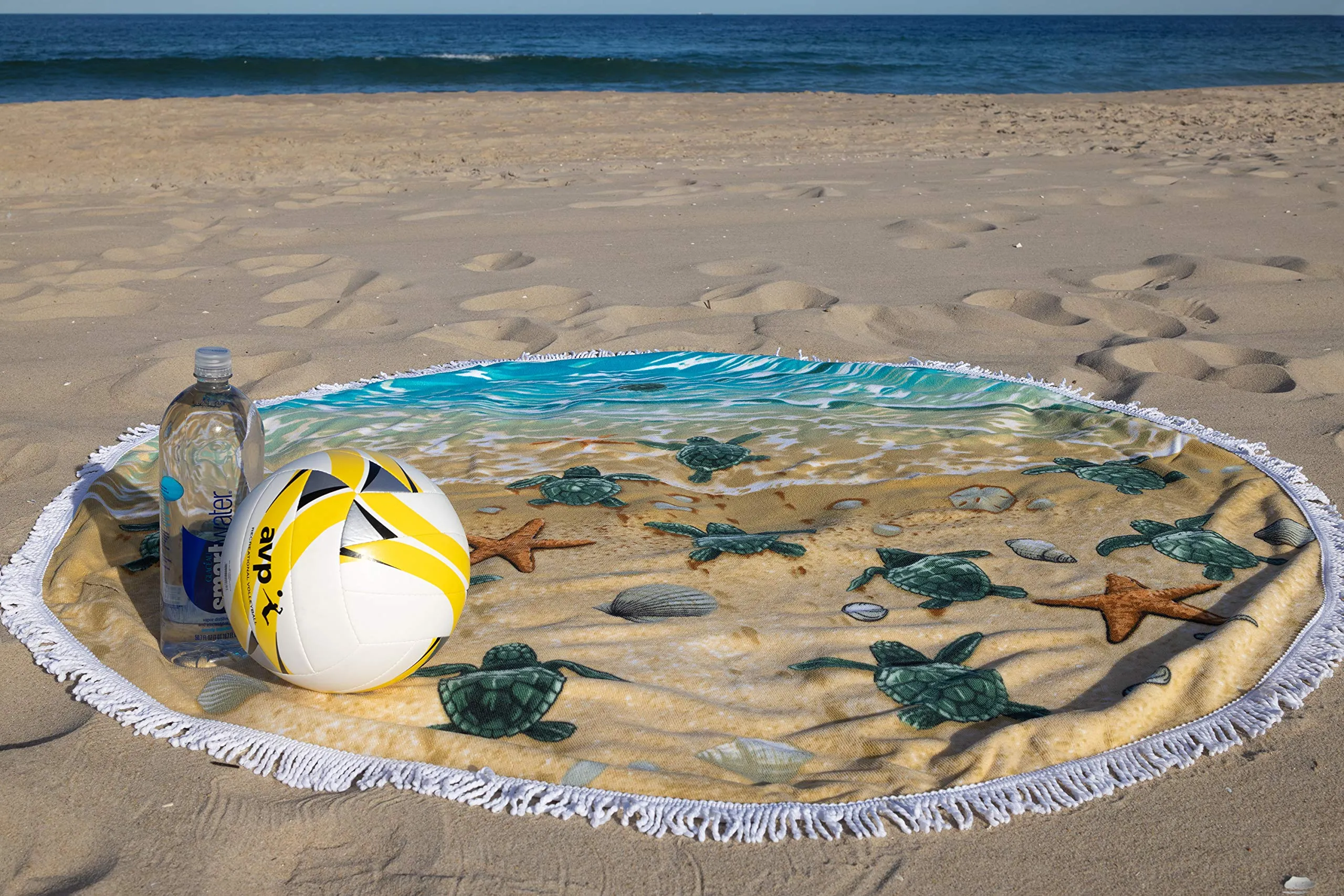 Microfiber Round Large Plush Beach Towel Blanket, 60" D with Fringe (Turtles on The Beach