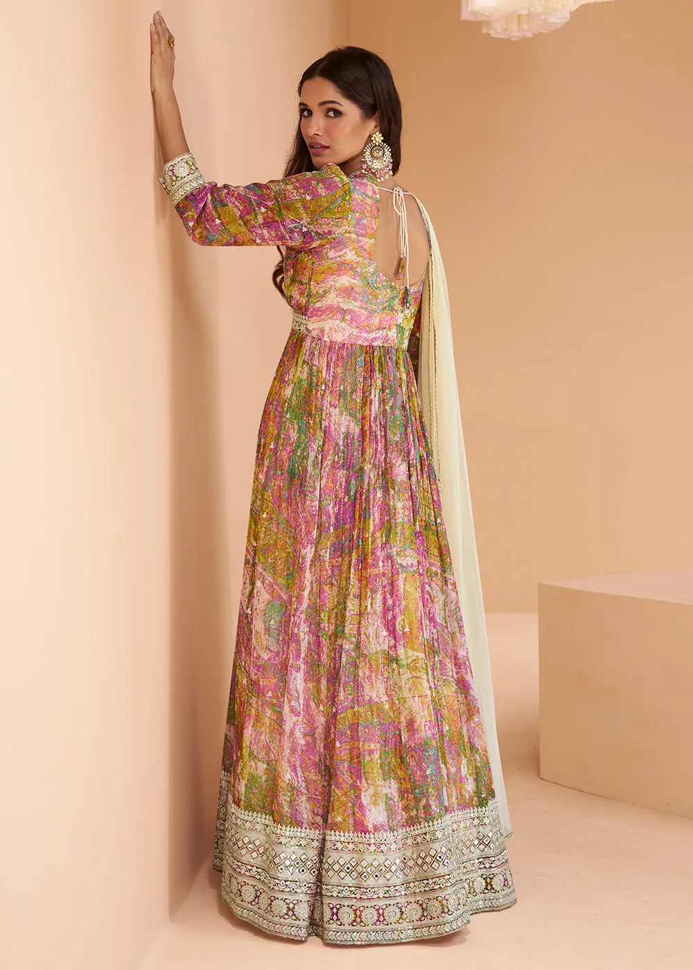 Multicolor Pink Floral Printed Wedding Festive Anarkali Gown