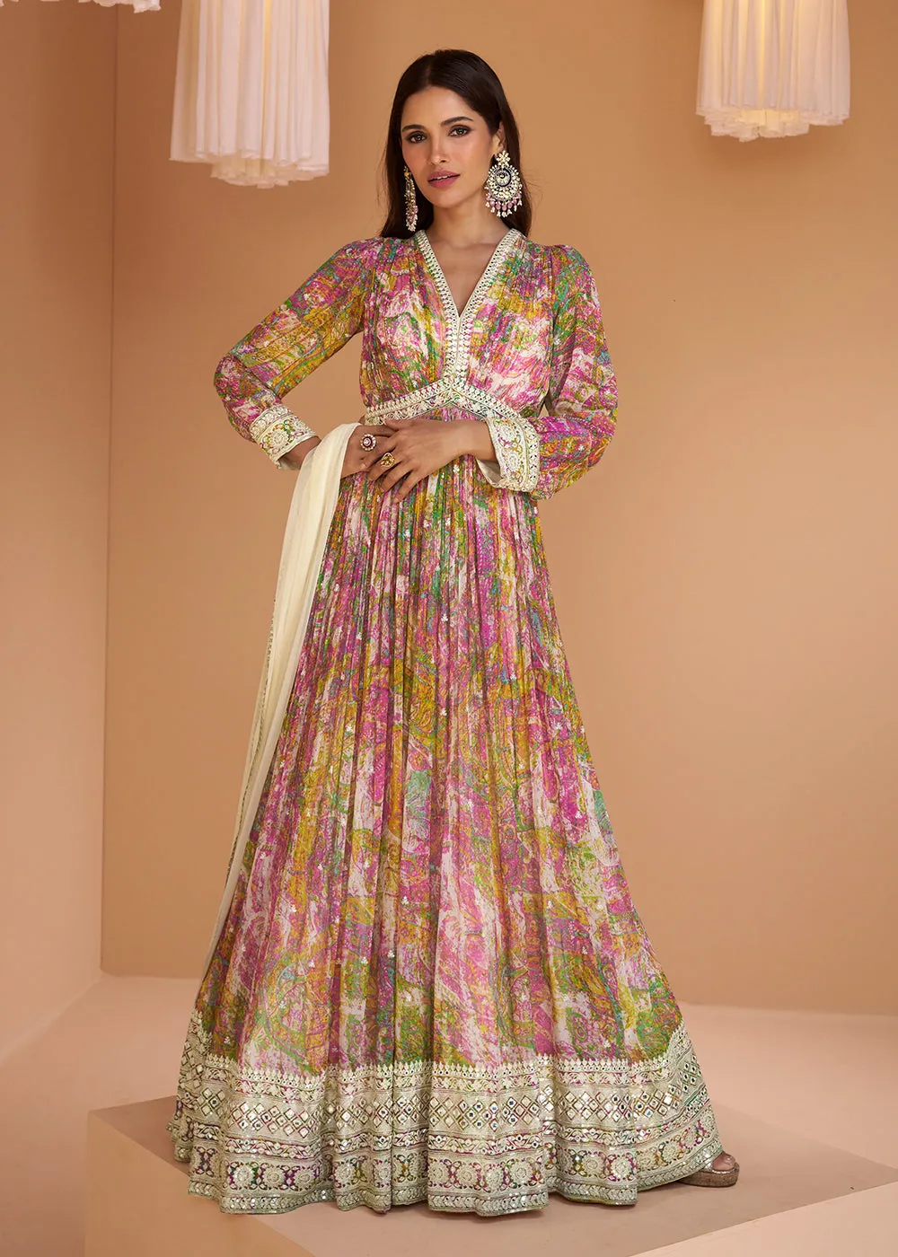 Multicolor Pink Floral Printed Wedding Festive Anarkali Gown