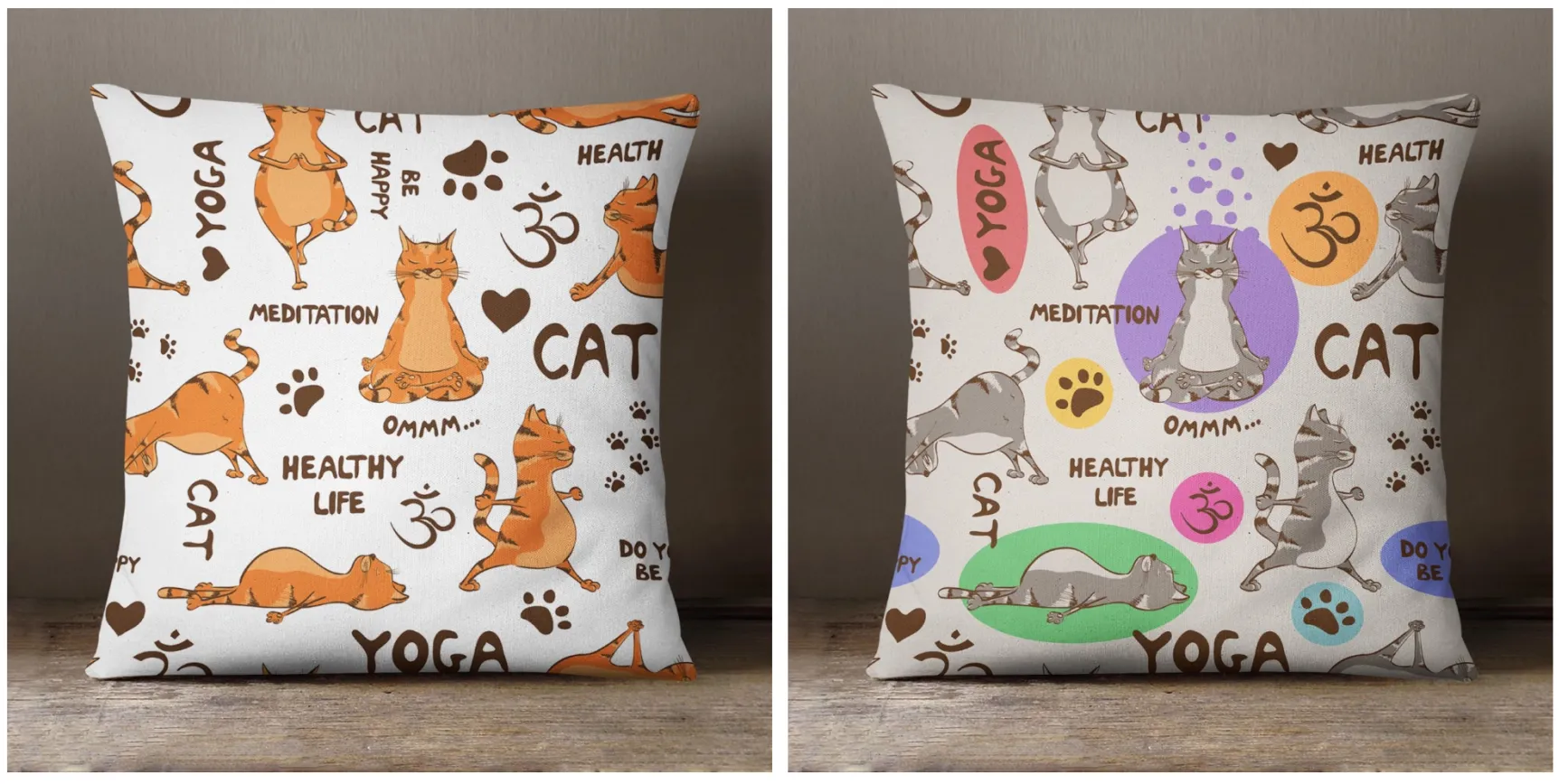 Pair Set Yoga Cat Soft Feel Cushions Cats Ginger and Multicolored Cushion - Gift Set