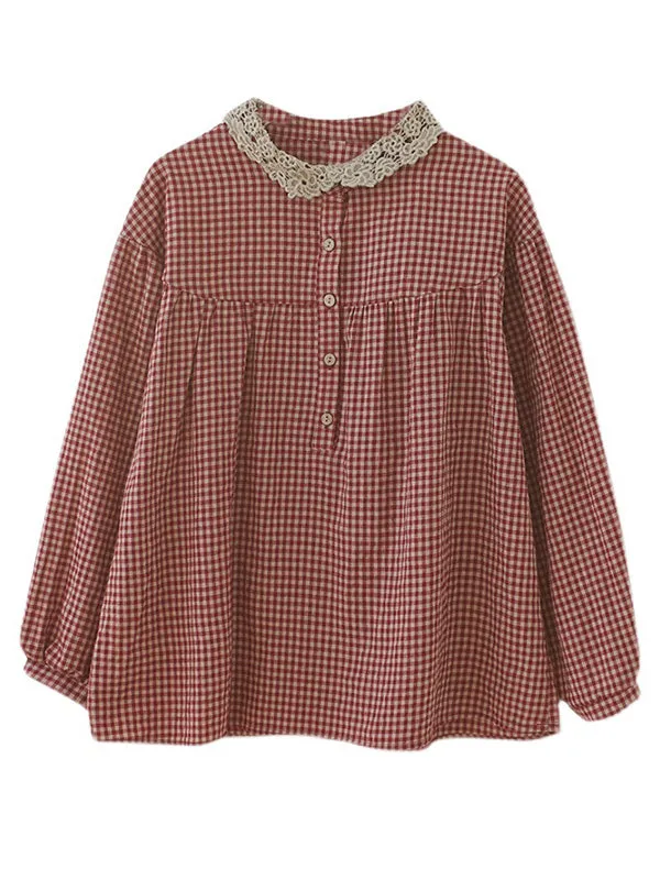 Plaid Ramie Cotton Plus Szie Long Sleeve Shirts