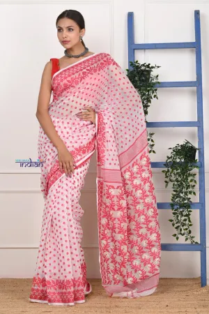 PREMIUM! Red- White Jamdhani Cotton Saree With Beautiful Pallu*