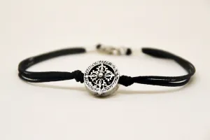 Silver circle bracelet for men, black cord