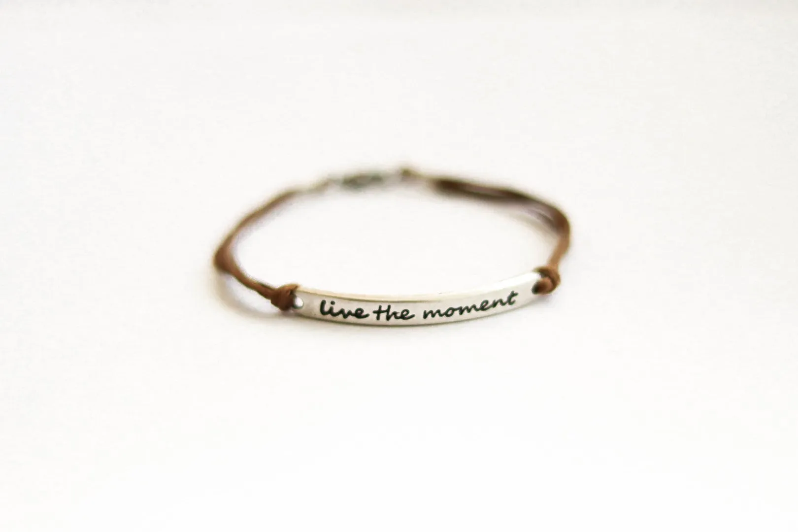 Silver 'Live the moment' bracelet for men, brown cord, gift for him, handmade