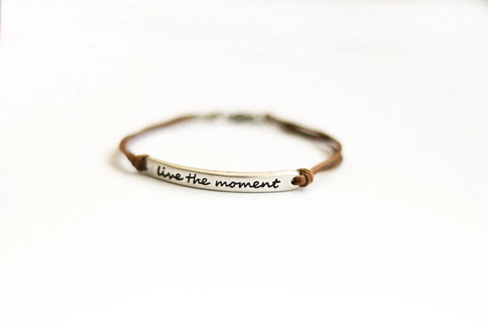 Silver 'Live the moment' bracelet for men, brown cord, gift for him, handmade