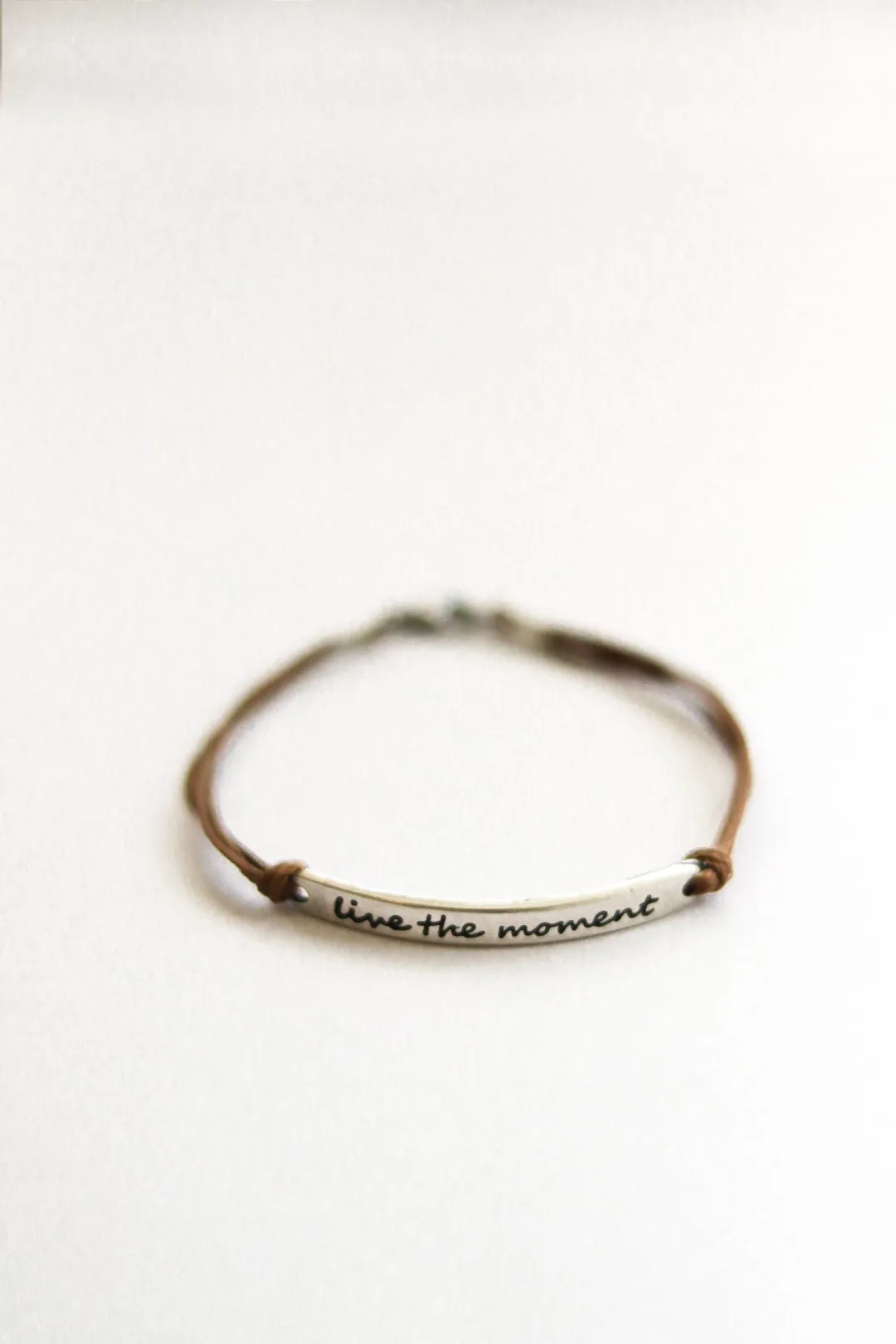 Silver 'Live the moment' bracelet for men, brown cord, gift for him, handmade