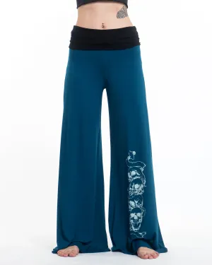 Skulls Spandex Wide Leg Palazzo Pants in Turquoise