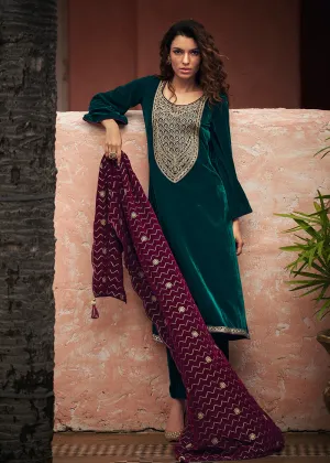 Teal Green Velvet Embroidered Pant Salwar Suit