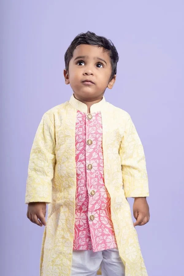 Traditional pink kurta with embroidered yellow jacket and white dhoti pants for a festive and vibrant look