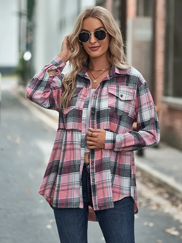 Vintage Loose Checkered Lapel Blouses&Shirts Tops