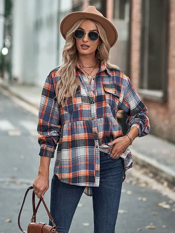 Vintage Loose Checkered Lapel Blouses&Shirts Tops