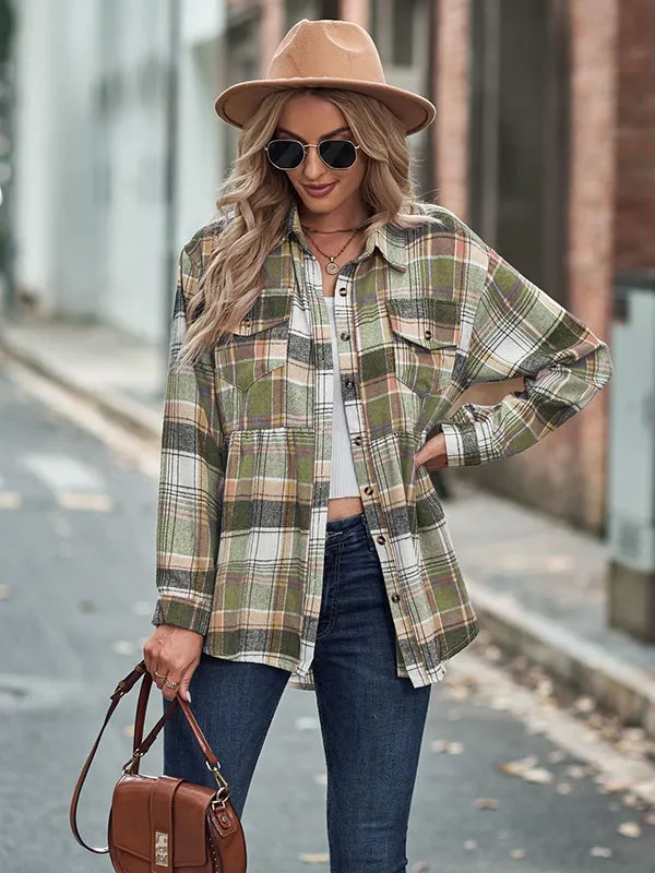 Vintage Loose Checkered Lapel Blouses&Shirts Tops