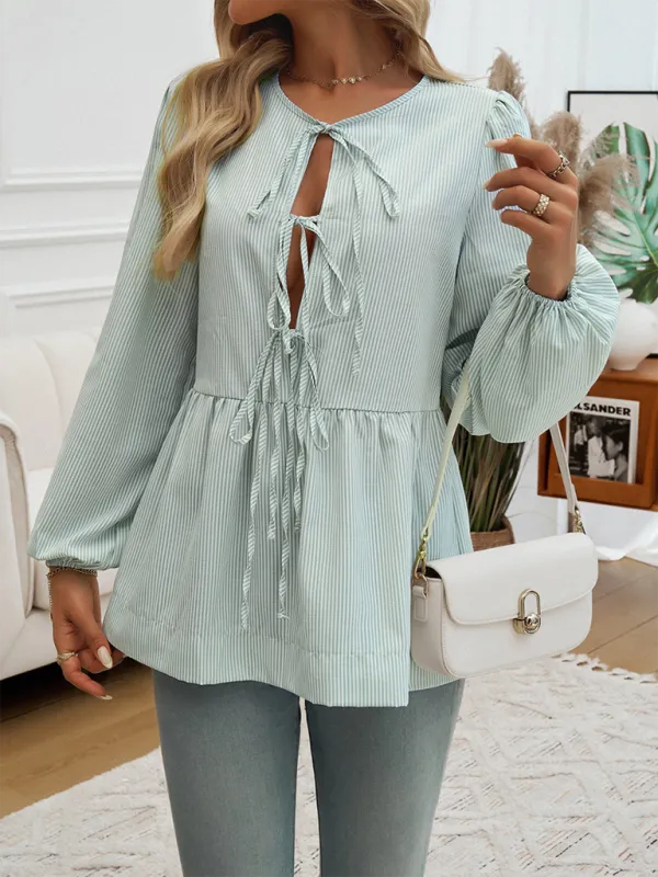 Women's casual loose striped lace-up shirt