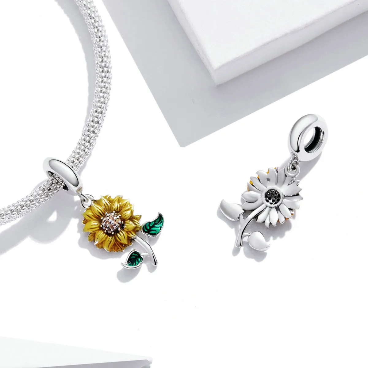 Yellow & Green Stemmed Sunflower Charm 925 Sterling Silver