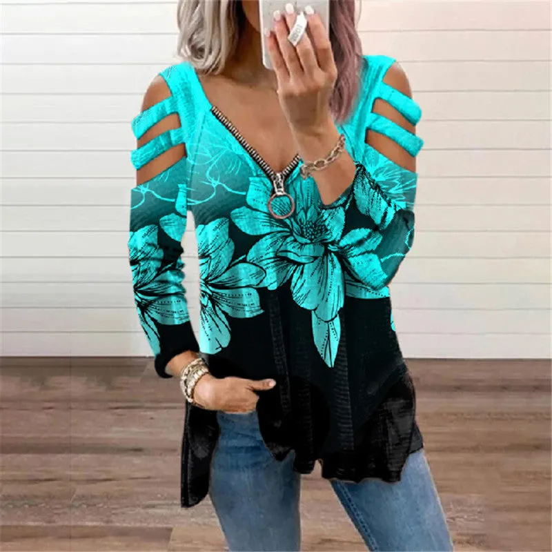 Zipper pullover print long-sleeved loose T-shirt