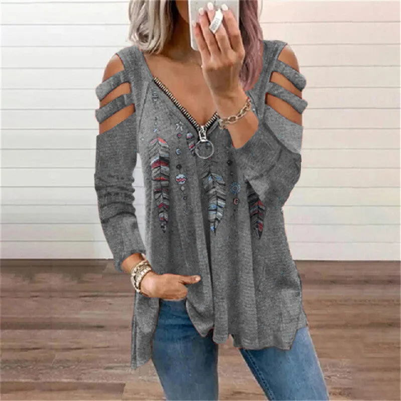 Zipper pullover print long-sleeved loose T-shirt