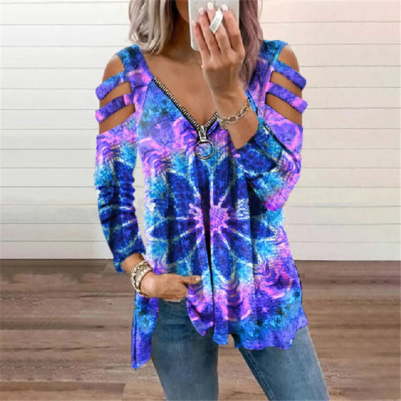 Zipper pullover print long-sleeved loose T-shirt