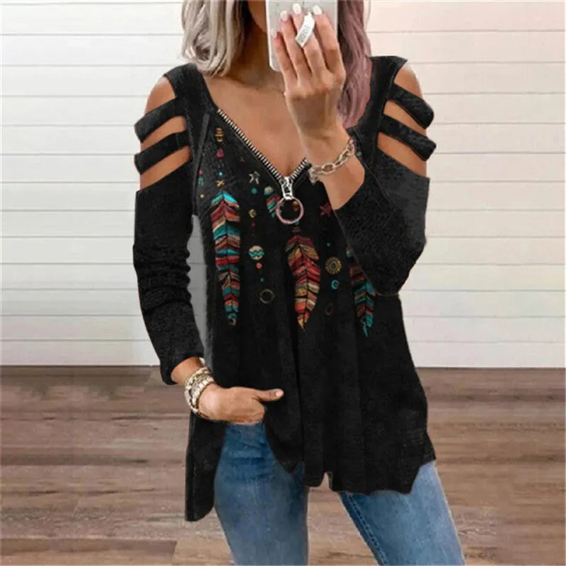 Zipper pullover print long-sleeved loose T-shirt