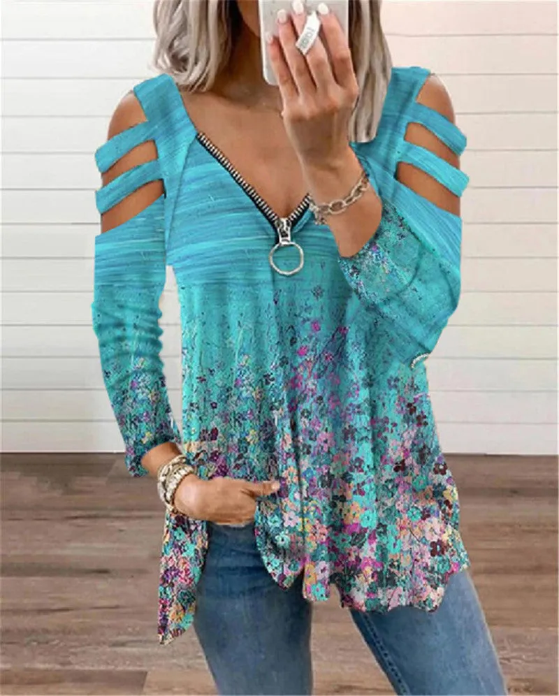 Zipper pullover print long-sleeved loose T-shirt