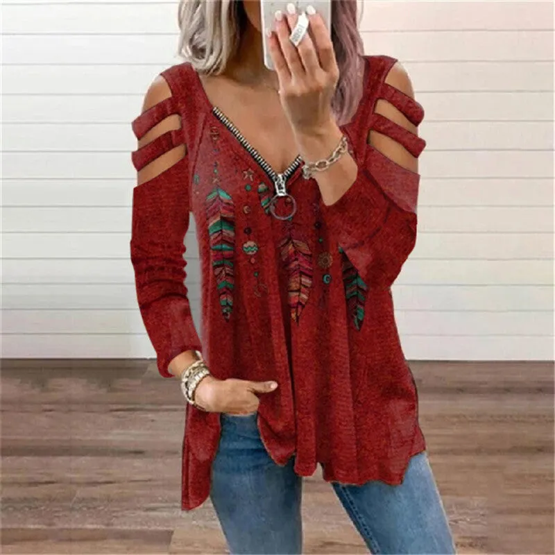 Zipper pullover print long-sleeved loose T-shirt