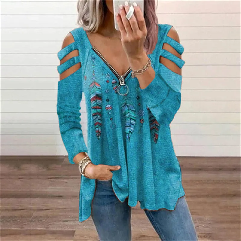 Zipper pullover print long-sleeved loose T-shirt