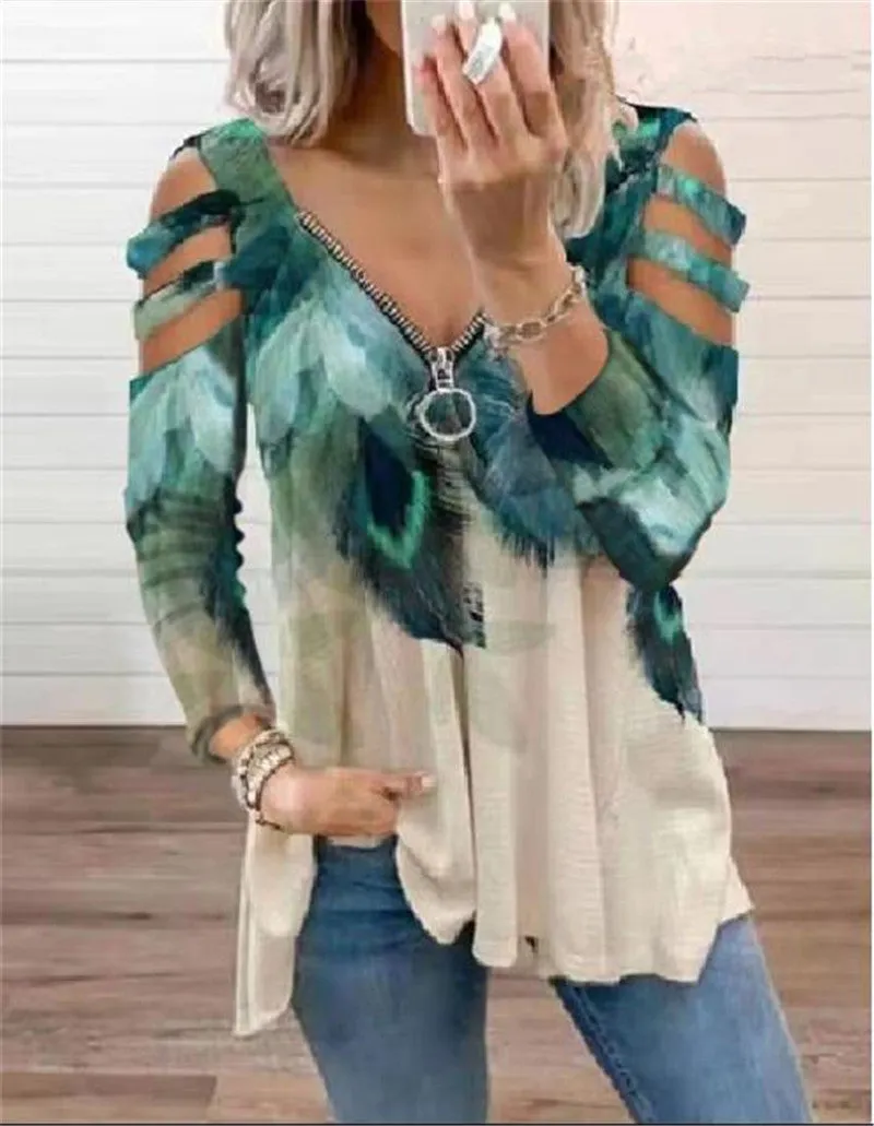 Zipper pullover print long-sleeved loose T-shirt