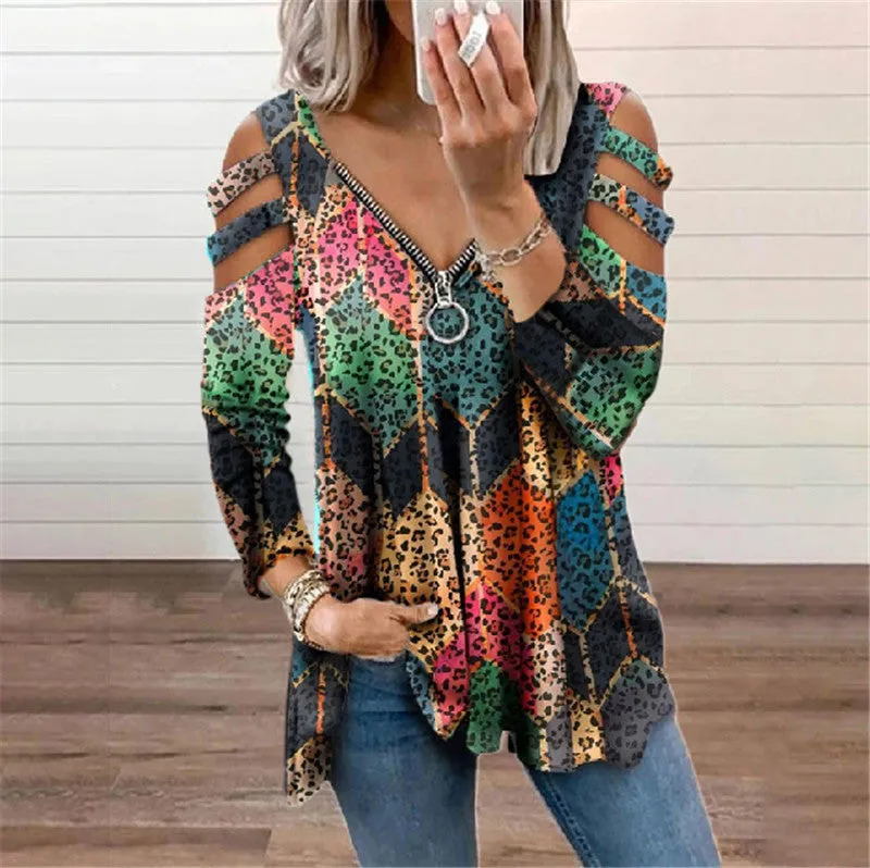 Zipper pullover print long-sleeved loose T-shirt