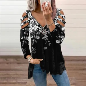 Zipper pullover print long-sleeved loose T-shirt